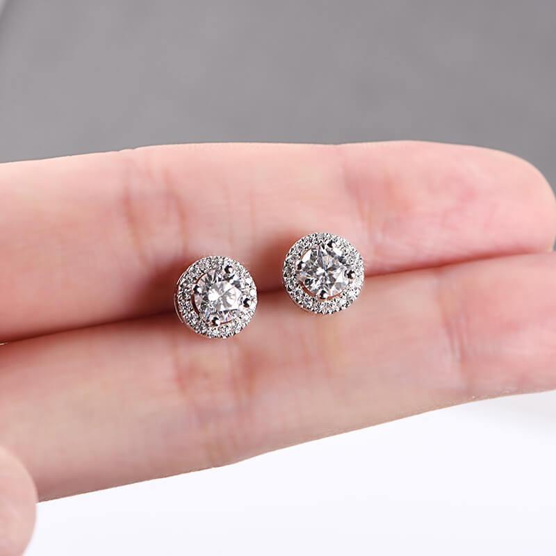 Fashion Halo Round Moissanite Sterling Silver Stud Earrings - Image 7