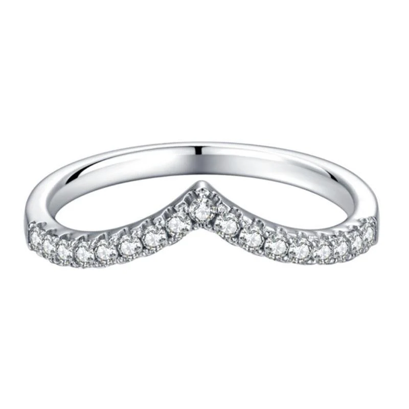 V-Shaped Moissanite Half Eternity Sterling Silver Wedding Band Stackable Ring - Image 5