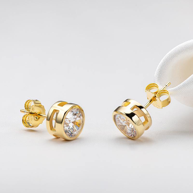 Round Moissanite Bezel Set Sterling Silver Earrings - Image 3