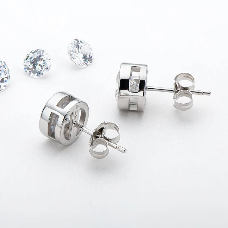 Round Moissanite Bezel Set Sterling Silver Earrings - Image 7