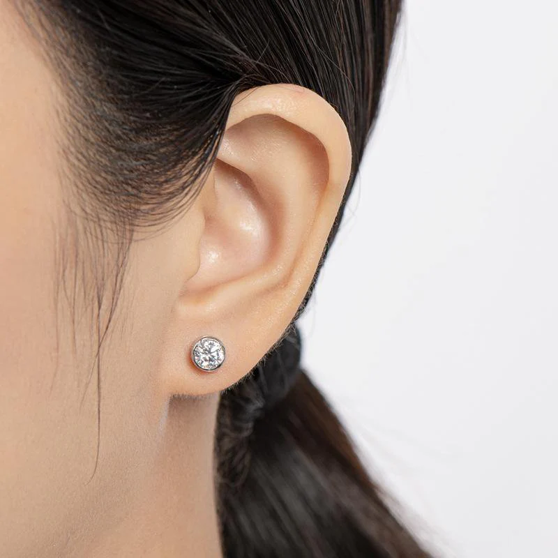 Round Moissanite Bezel Set Sterling Silver Earrings - Image 8