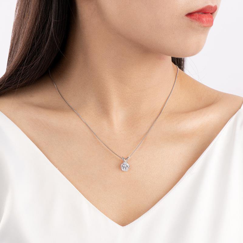 Classic Solitaire Round Moissanite Six Prong Sterling Silver Necklace Pendant - Image 7