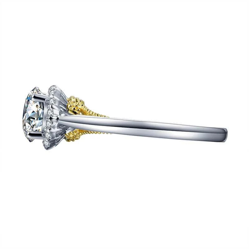 Moissanite Luxury Halo Two Tone Sterling Silver Ring - Image 8
