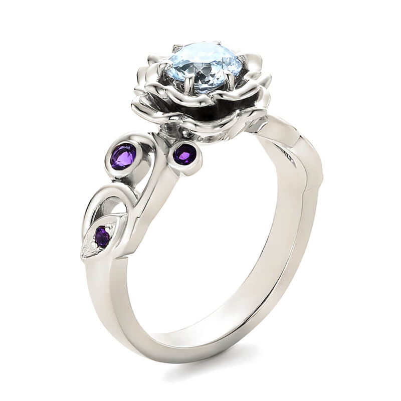 Organic Flower Petals Round Moissanite And Amethyst Engagement Ring - Image 3