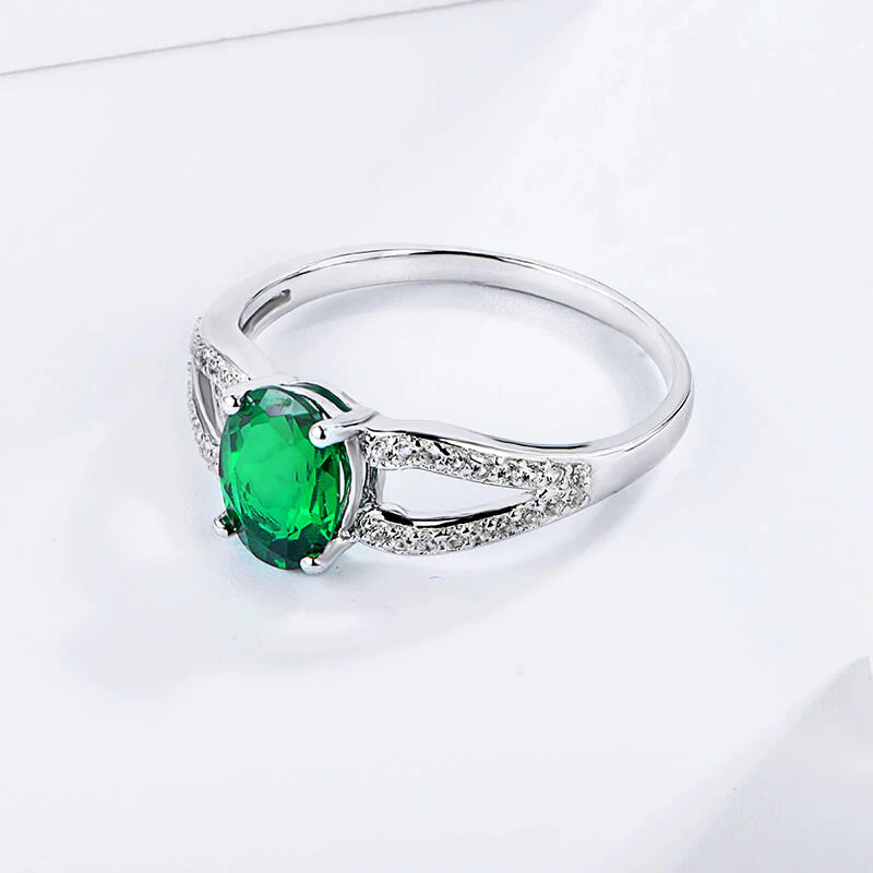 Oval Lab-Created Emerald Split Shank Pave Sterling Silver Ring - Image 2