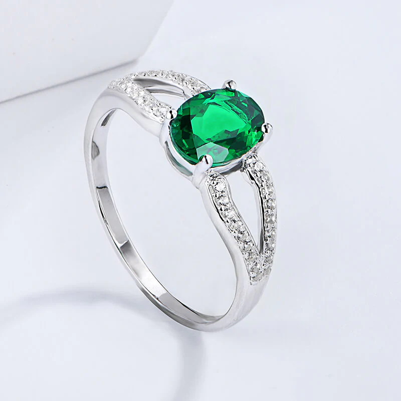 Oval Lab-Created Emerald Split Shank Pave Sterling Silver Ring - Image 3