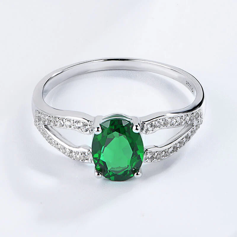 Oval Lab-Created Emerald Split Shank Pave Sterling Silver Ring - Image 4