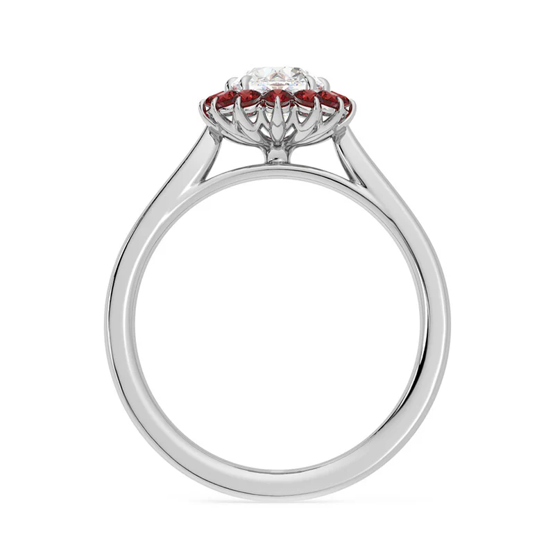 Oval Moissanite With Floral Ruby Halo Engagement Ring - Image 3