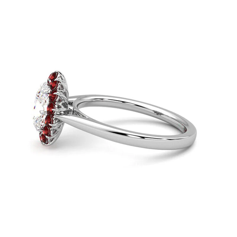 Oval Moissanite With Floral Ruby Halo Engagement Ring - Image 4