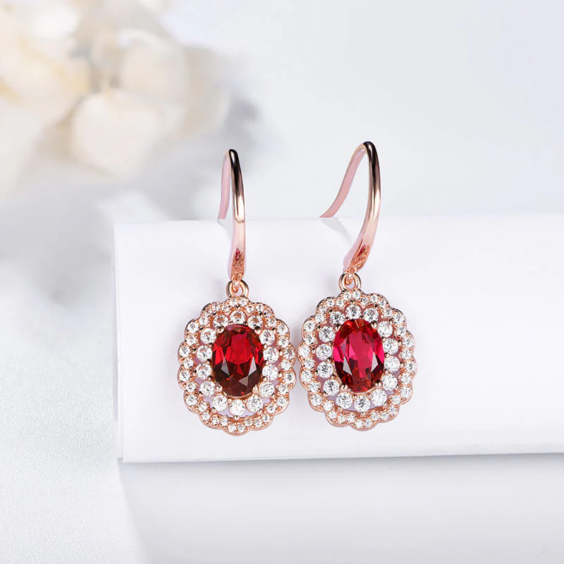 Oval Ruby Double Halo Sterling Silver Drop Earrings - Image 3