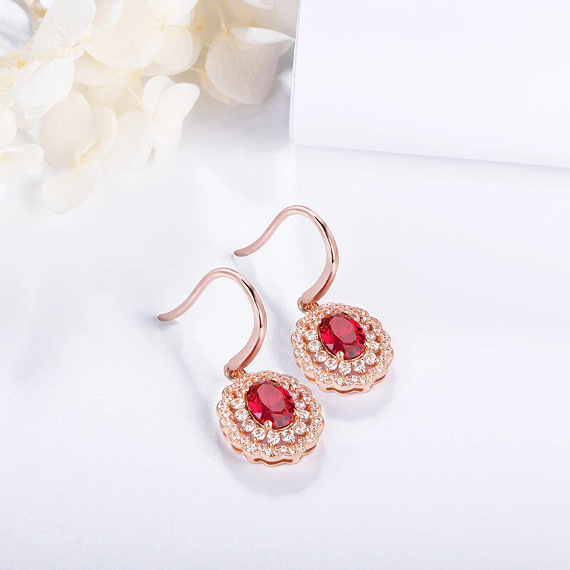 Oval Ruby Double Halo Sterling Silver Drop Earrings - Image 5