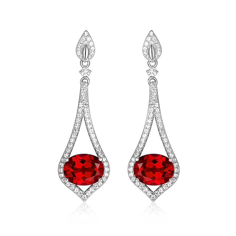 Oval Ruby Sterling Silver Drop Halo Earrings