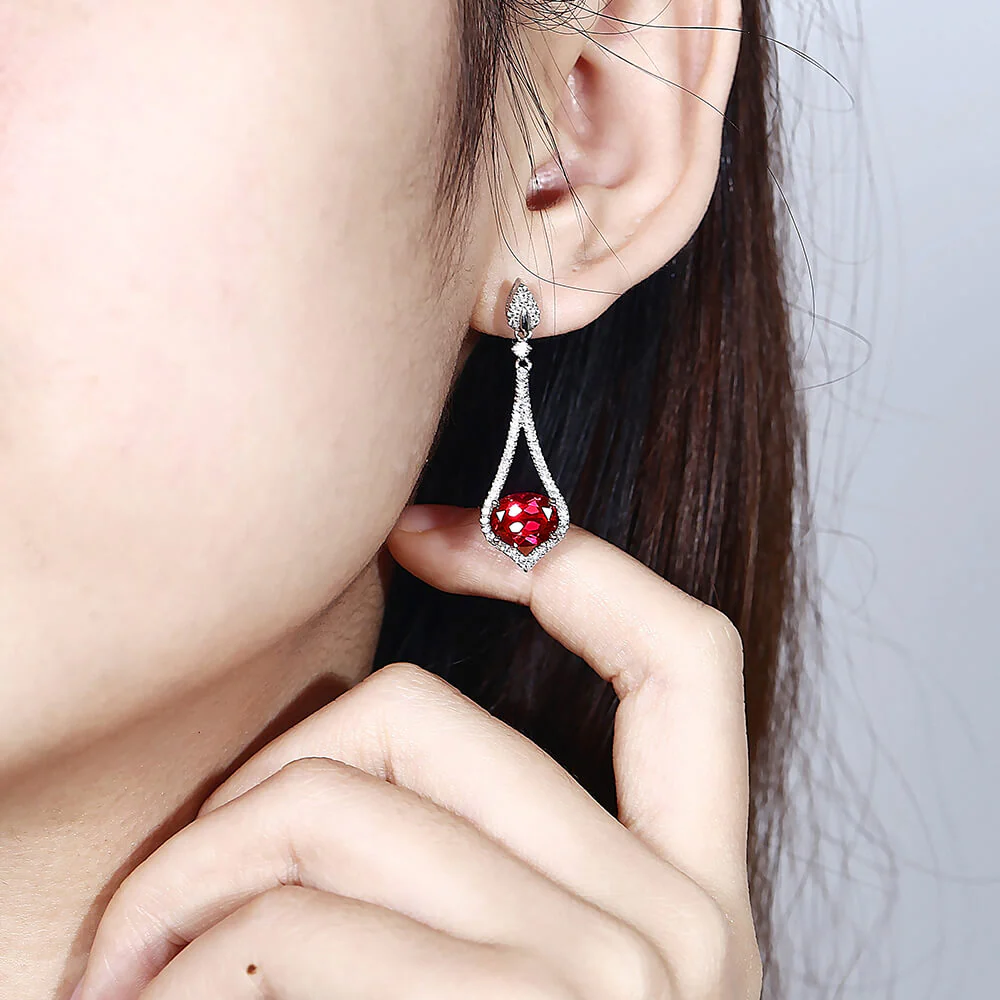 Oval Ruby Sterling Silver Drop Halo Earrings - Image 2