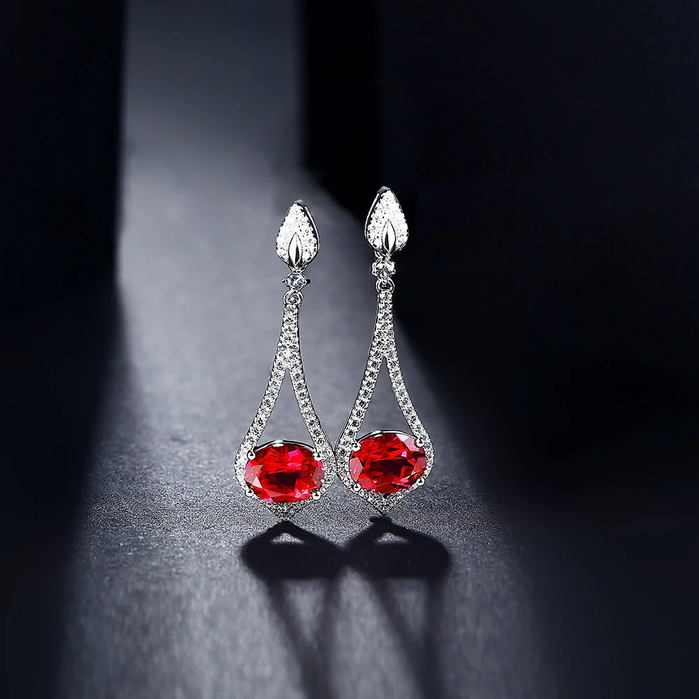 Oval Ruby Sterling Silver Drop Halo Earrings - Image 3