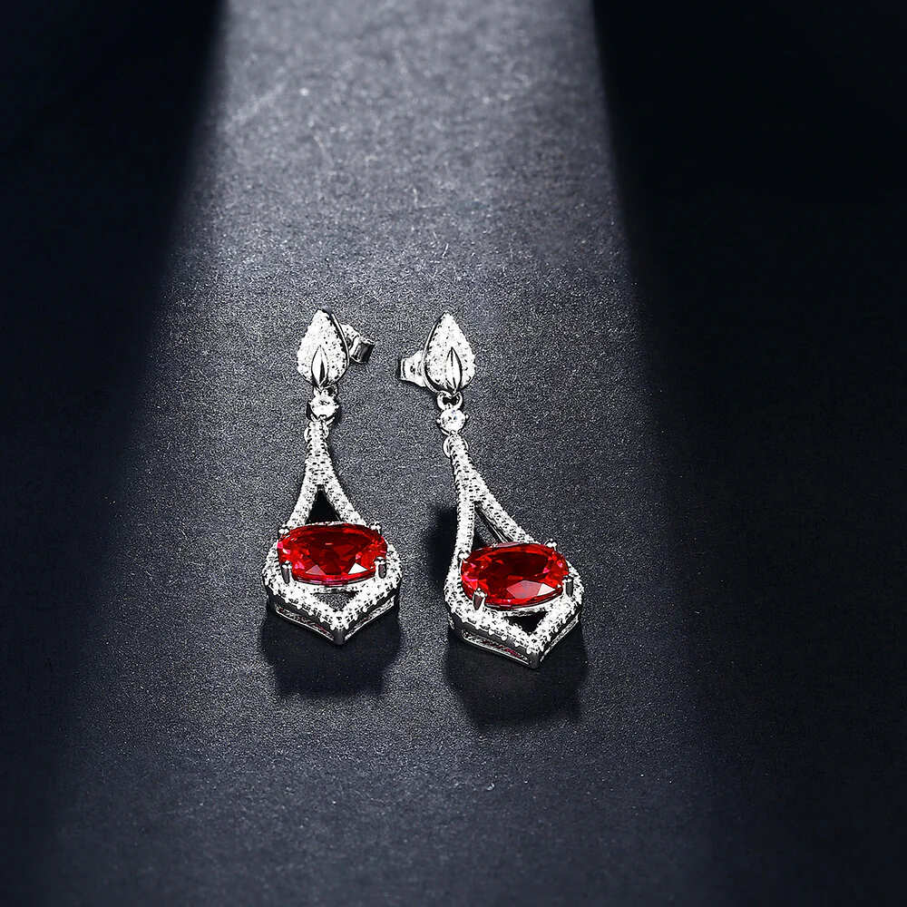 Oval Ruby Sterling Silver Drop Halo Earrings - Image 5