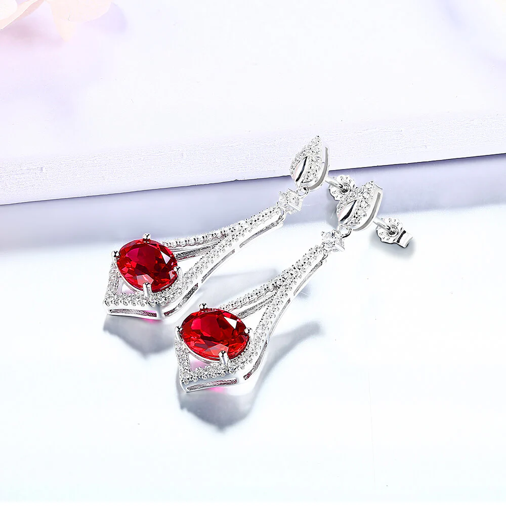 Oval Ruby Sterling Silver Drop Halo Earrings - Image 6