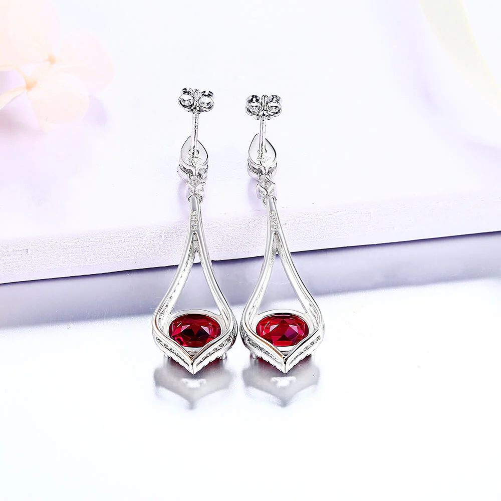 Oval Ruby Sterling Silver Drop Halo Earrings - Image 8