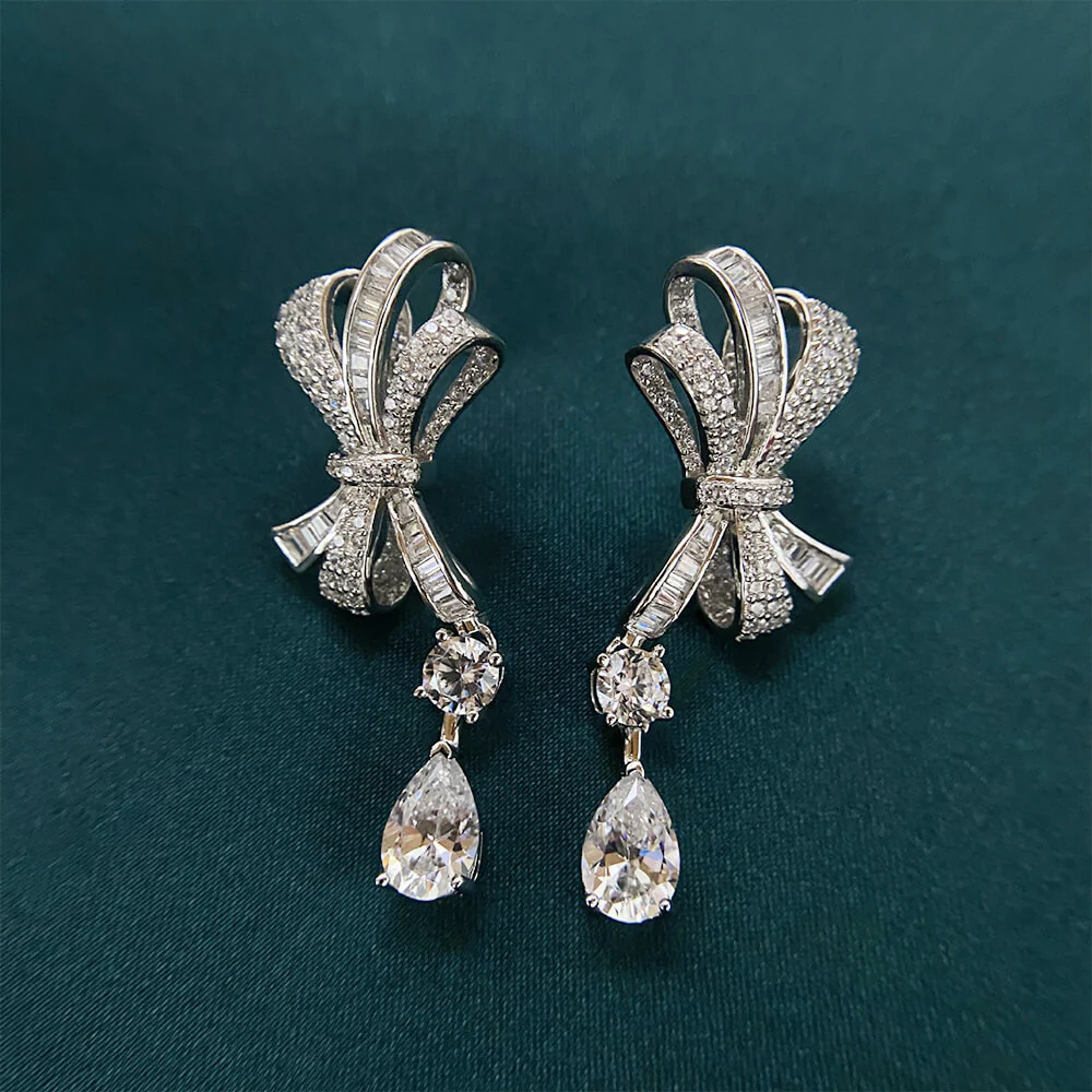 Pear Lab-Sapphire Bow Sterling Silver Drop Earrings - Image 2