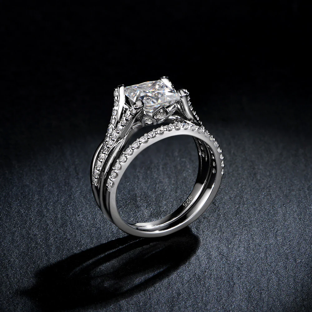 Princess Moissanite Split Shank Pave Bridal Engagement Ring Set - Image 7