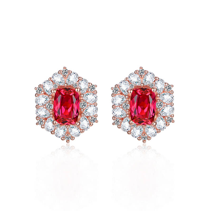 Halo Radiant Cut Ruby Sterling Silver Stud Earrings