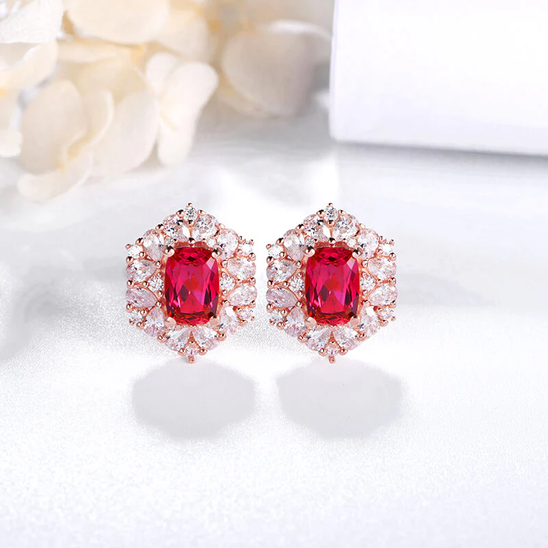 Halo Radiant Cut Ruby Sterling Silver Stud Earrings - Image 3