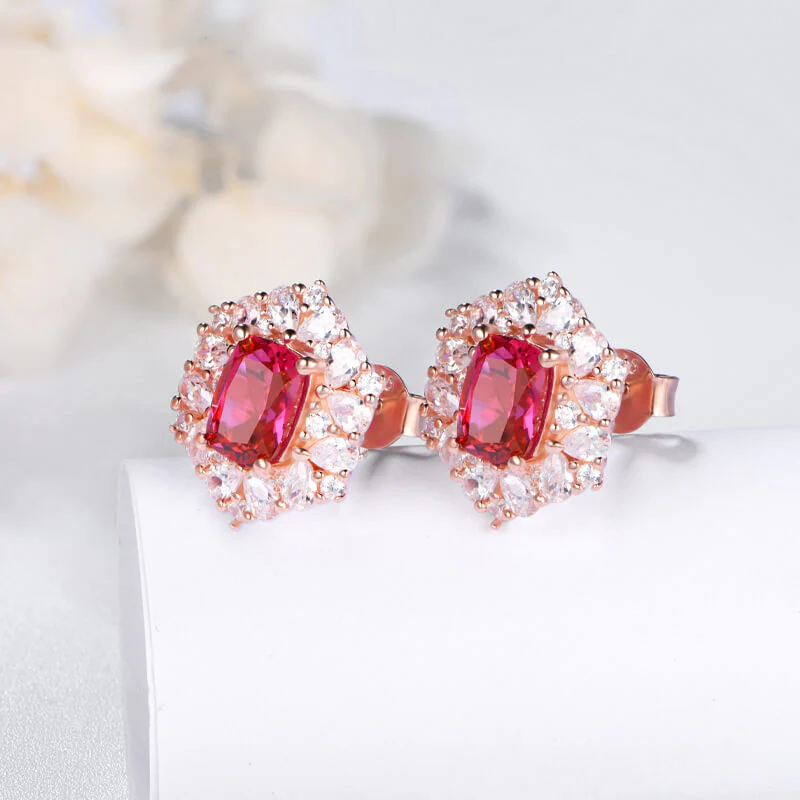 Halo Radiant Cut Ruby Sterling Silver Stud Earrings - Image 4