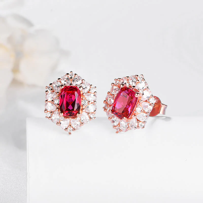 Halo Radiant Cut Ruby Sterling Silver Stud Earrings - Image 5