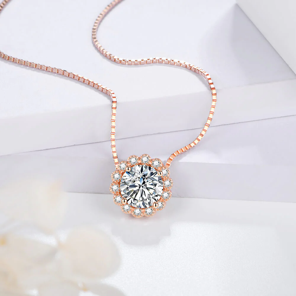 Rose Gold Halo Round Moissanite Sterling Silver Necklace - Image 2