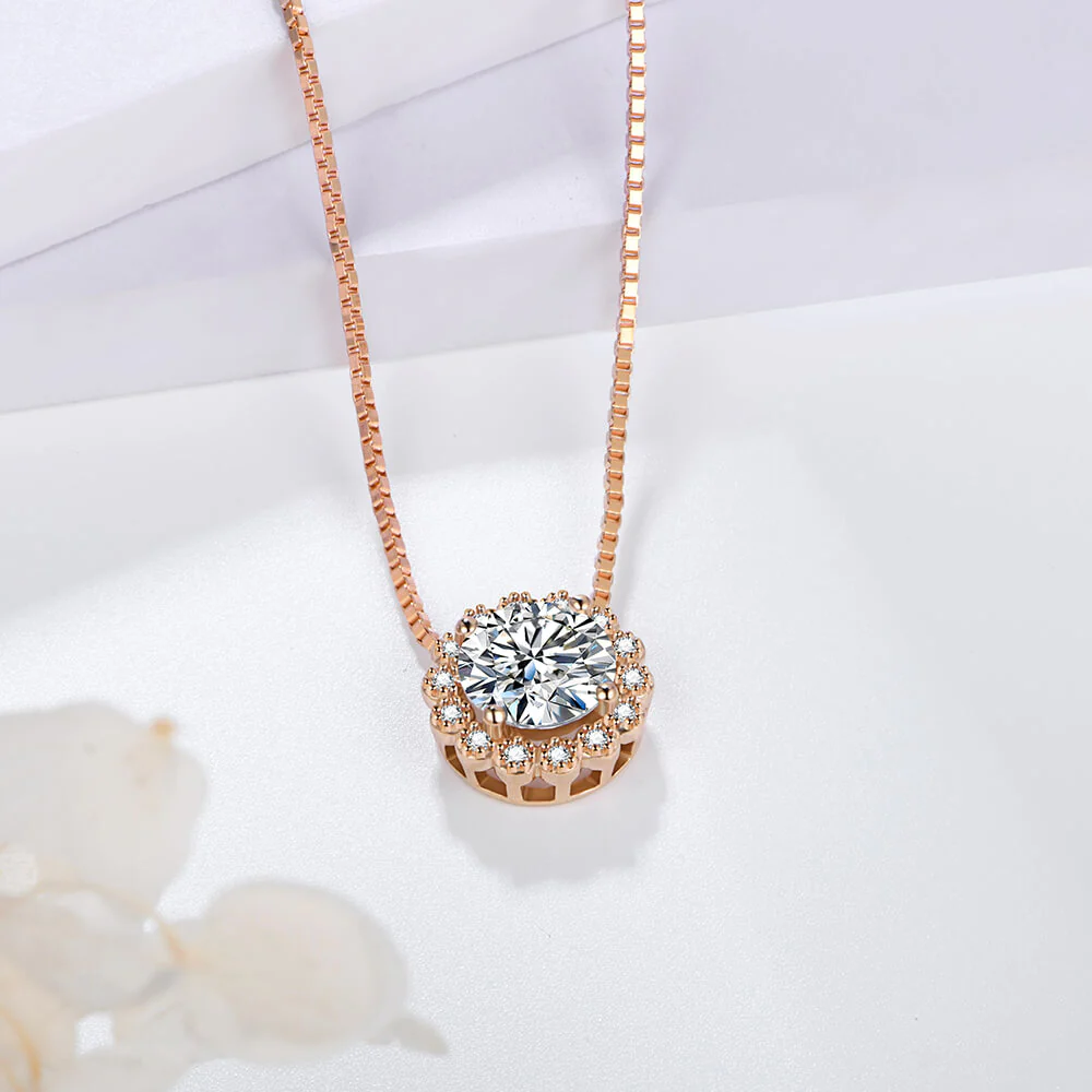 Rose Gold Halo Round Moissanite Sterling Silver Necklace - Image 3