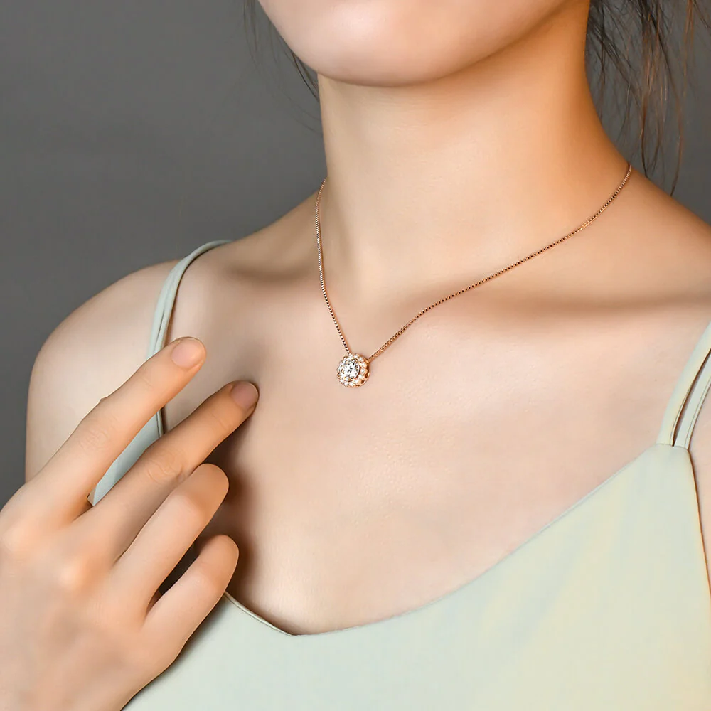 Rose Gold Halo Round Moissanite Sterling Silver Necklace - Image 5