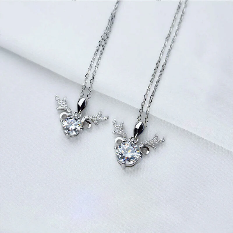 Round Moissanite Deer Antlers Pendant Necklace in Sterling Silver - Image 3