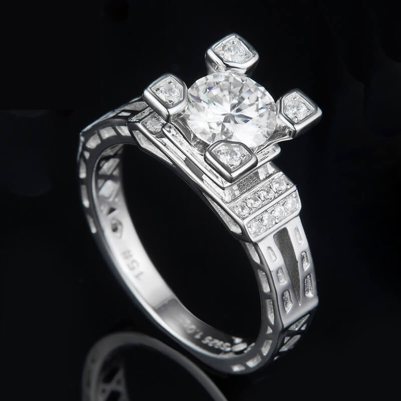 Round Moissanite Eiffel Tower Side Stone Sterling Silver Ring - Image 2