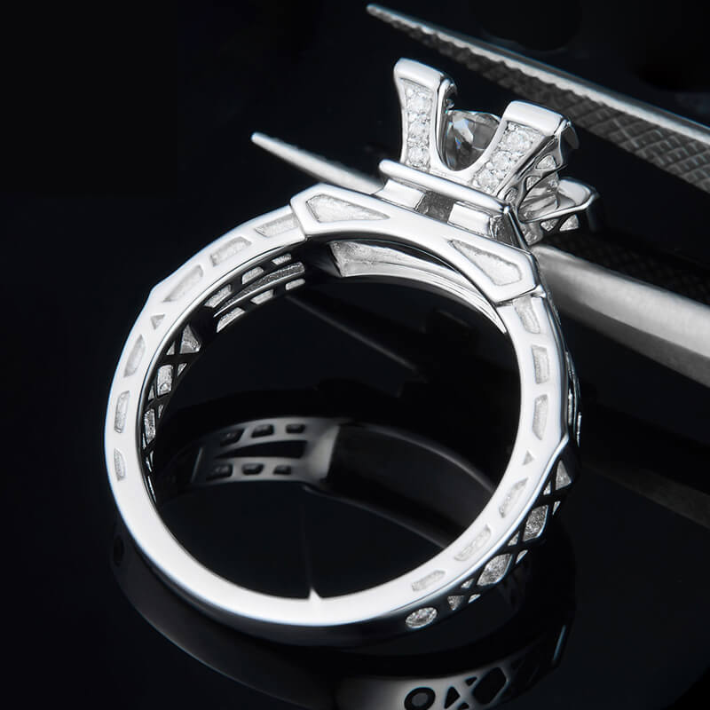 Round Moissanite Eiffel Tower Side Stone Sterling Silver Ring - Image 3