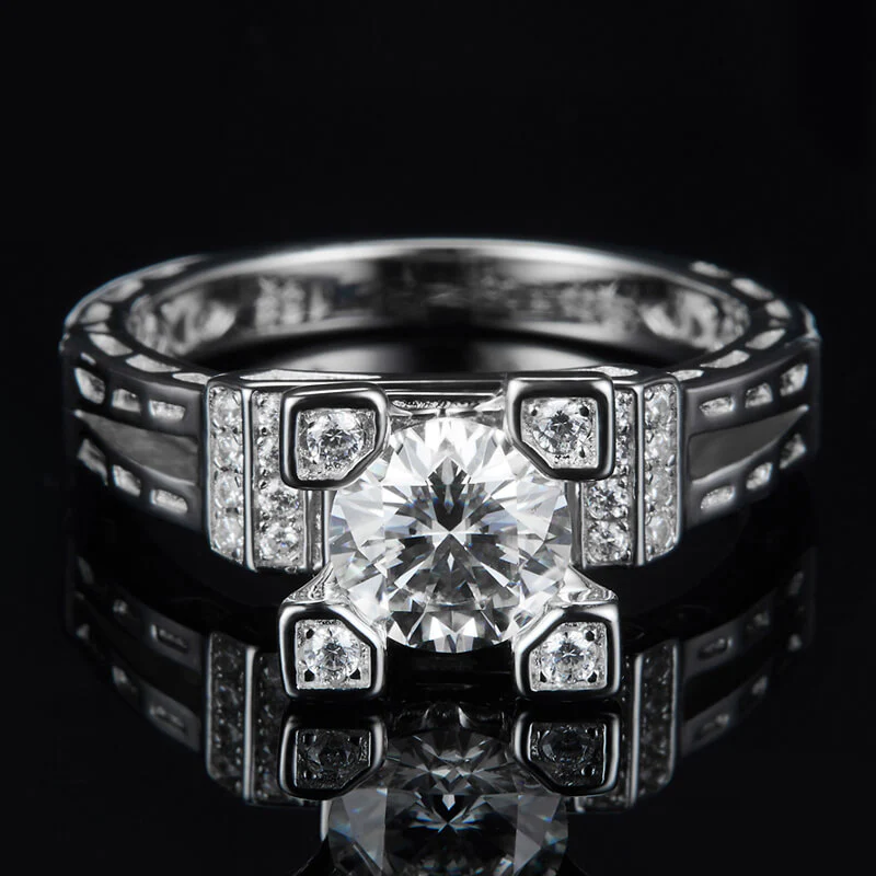 Round Moissanite Eiffel Tower Side Stone Sterling Silver Ring - Image 4