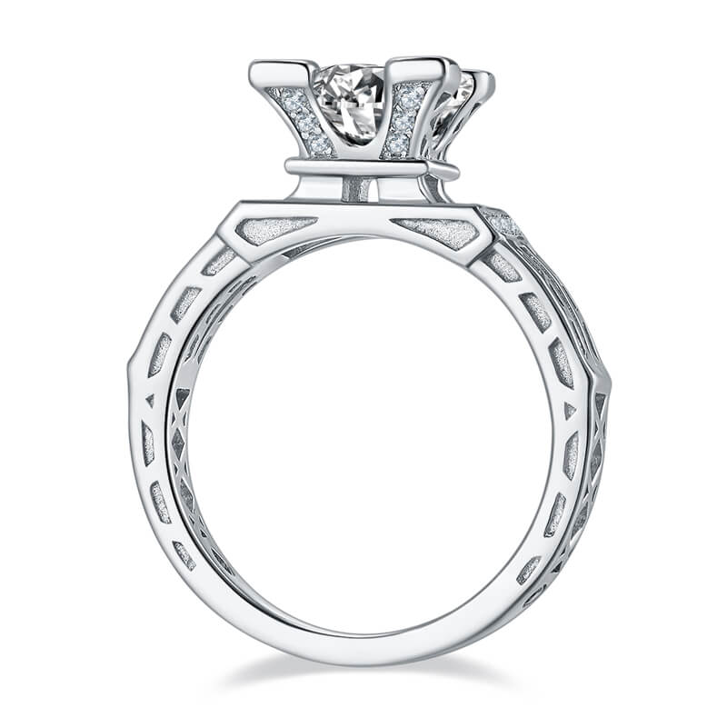 Round Moissanite Eiffel Tower Side Stone Sterling Silver Ring - Image 5