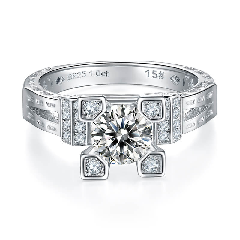 Round Moissanite Eiffel Tower Side Stone Sterling Silver Ring - Image 6