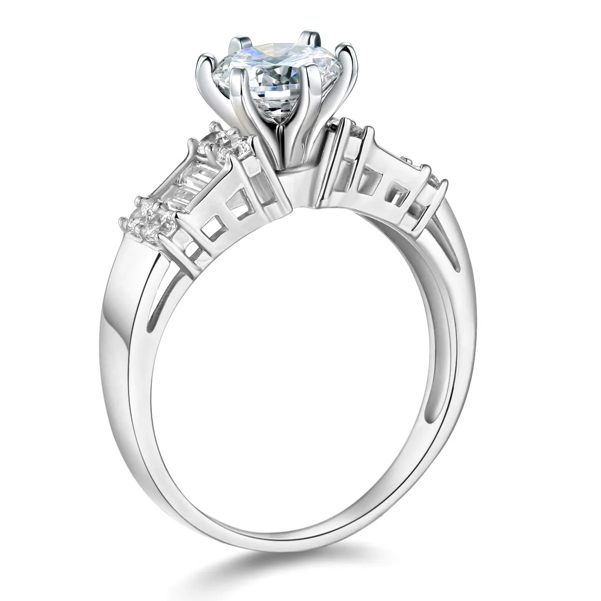 Round Moissanite Emerald-Cut Side Stone Engagement Ring - Image 2