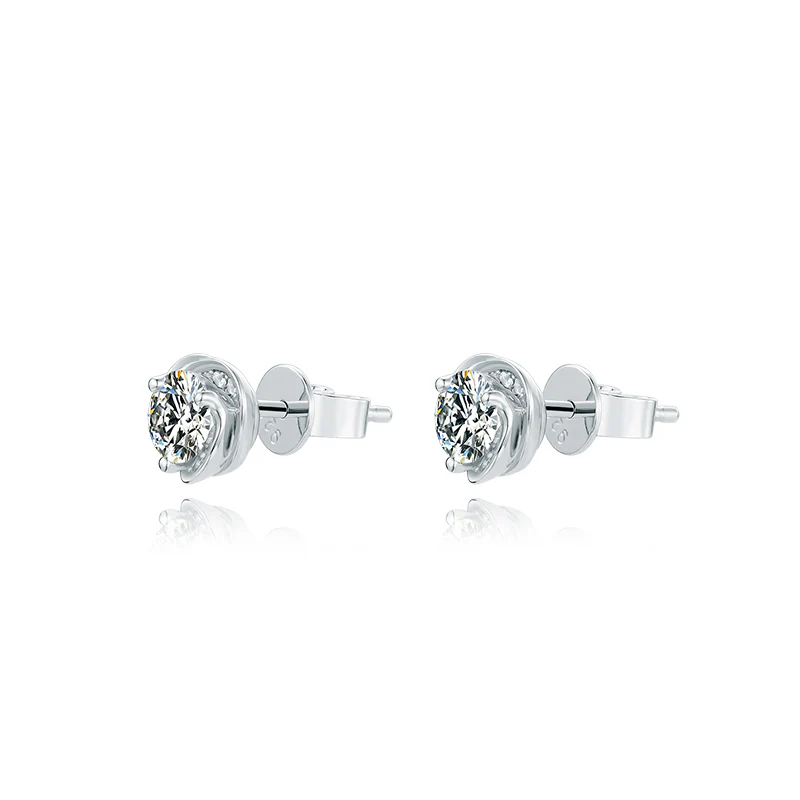 Round Moissanite Heart-Shape SideStone Sterling Silver Stud Earrings - Image 6