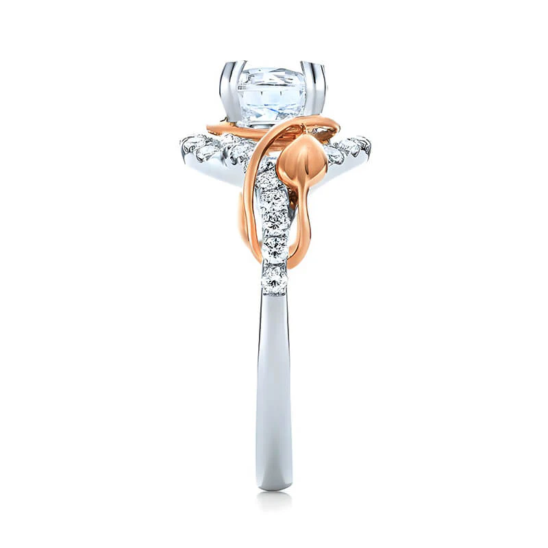 Round Moissanite Intertwined Rose Gold Leaves Pave Engagement Ring - Image 5