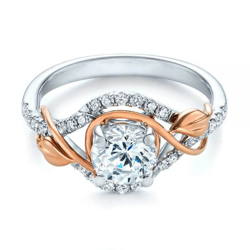 Round Moissanite Intertwined Rose Gold Leaves Pave Engagement Ring - Image 6