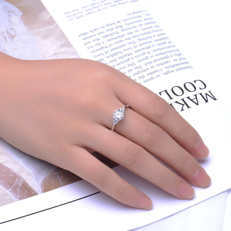 Round Moissanite Side Stone Sterling Silver Engagement Ring - Image 2
