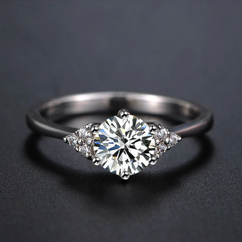 Round Moissanite Side Stone Sterling Silver Engagement Ring - Image 4