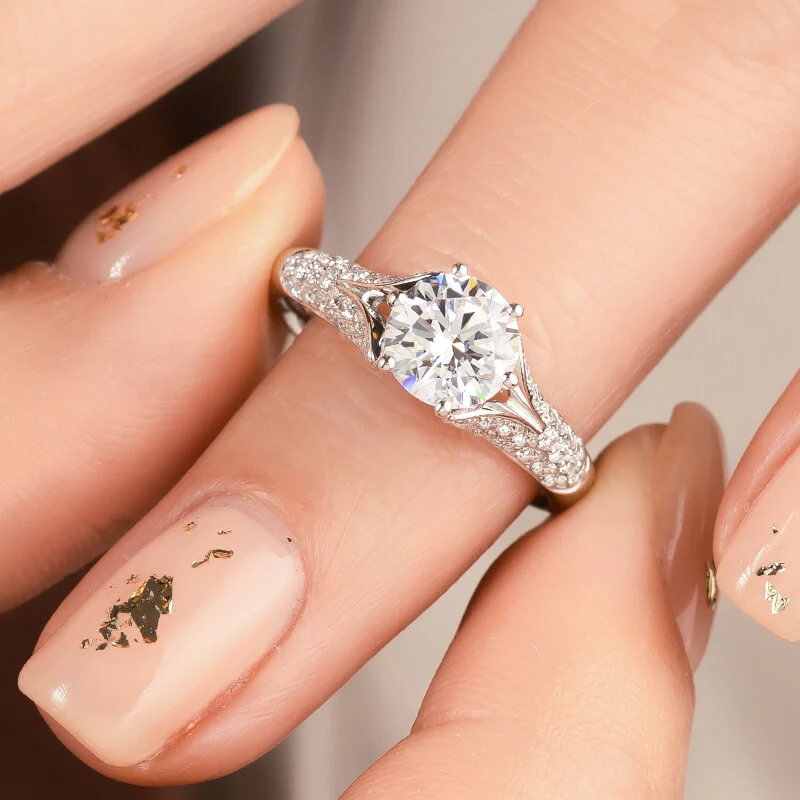 Round Moissanite Split Shank Pave Engagement Ring - Image 6