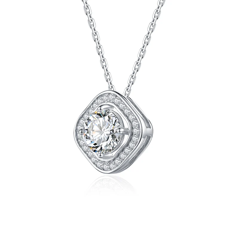 Round Moissanite Square Halo Sterling Silver Necklace - Image 5