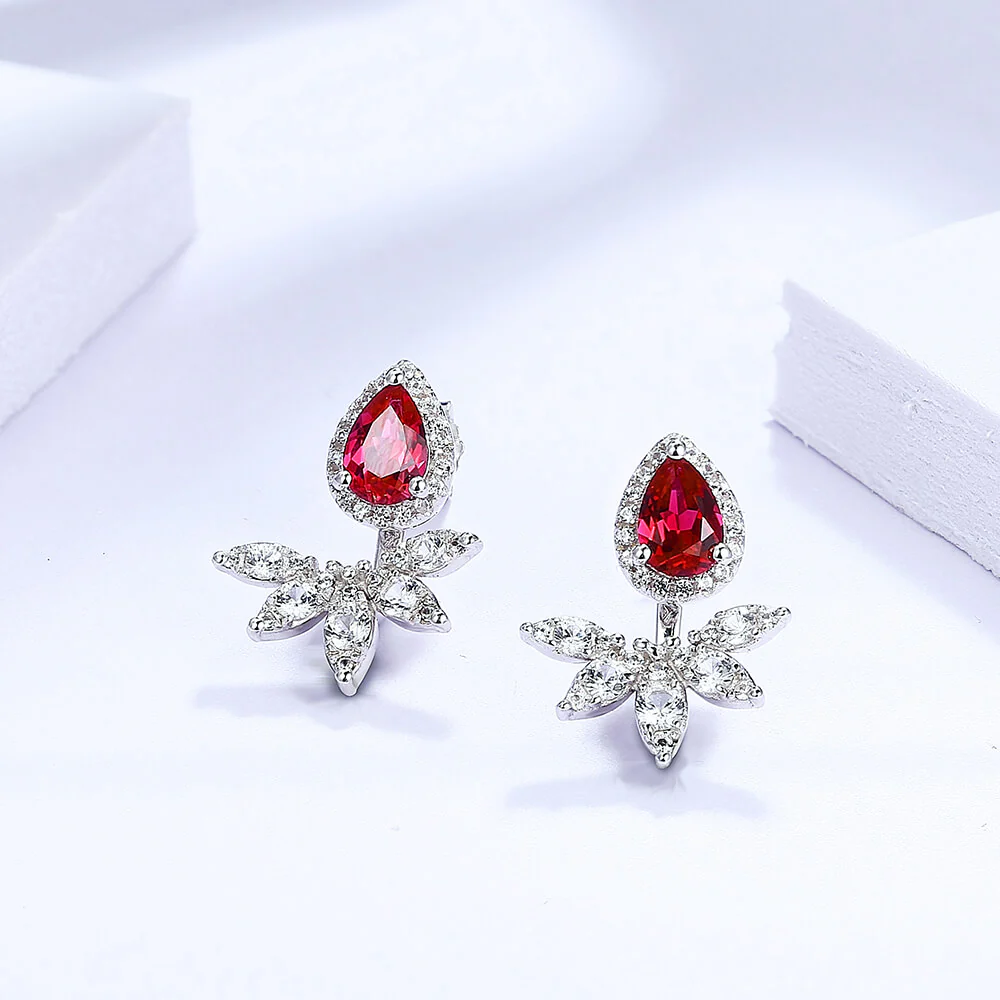 Pear Ruby Flower Sterling Silver Drop Earrings - Image 2
