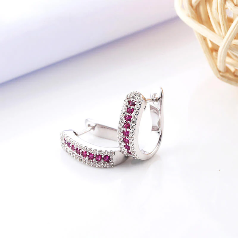 Round Ruby Sterling Silver Hoop Earrings - Image 3