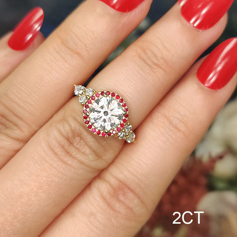 Ruby Halo Moissanite Cluster Side Stone Engagement Ring - Image 4