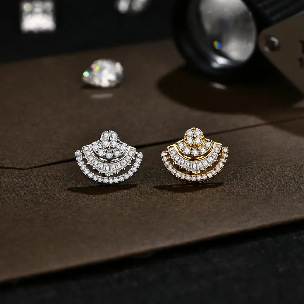 Scalloped Cluster Moissanite Three Rows Stud Earrings In Sterling Silver - Image 2
