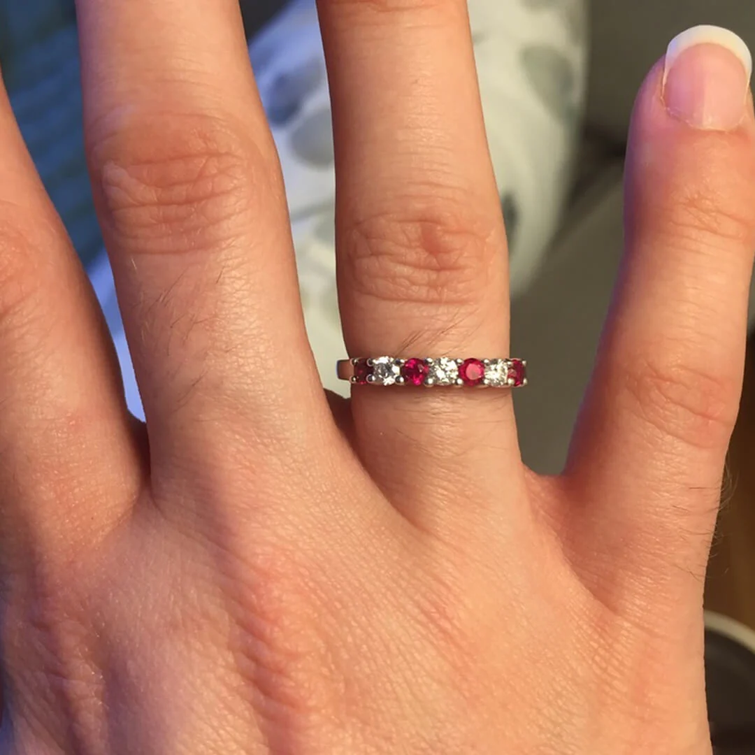Seven Stone Moissanite and Ruby Wedding Band Ring In Sterling Silver - Image 5