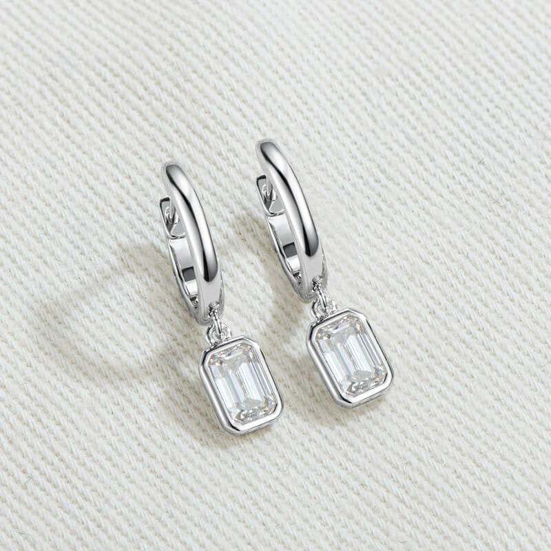 Solitaire Bezel Emerald-Cut Moissanite Drop Earrings In Sterling Silver - Image 2